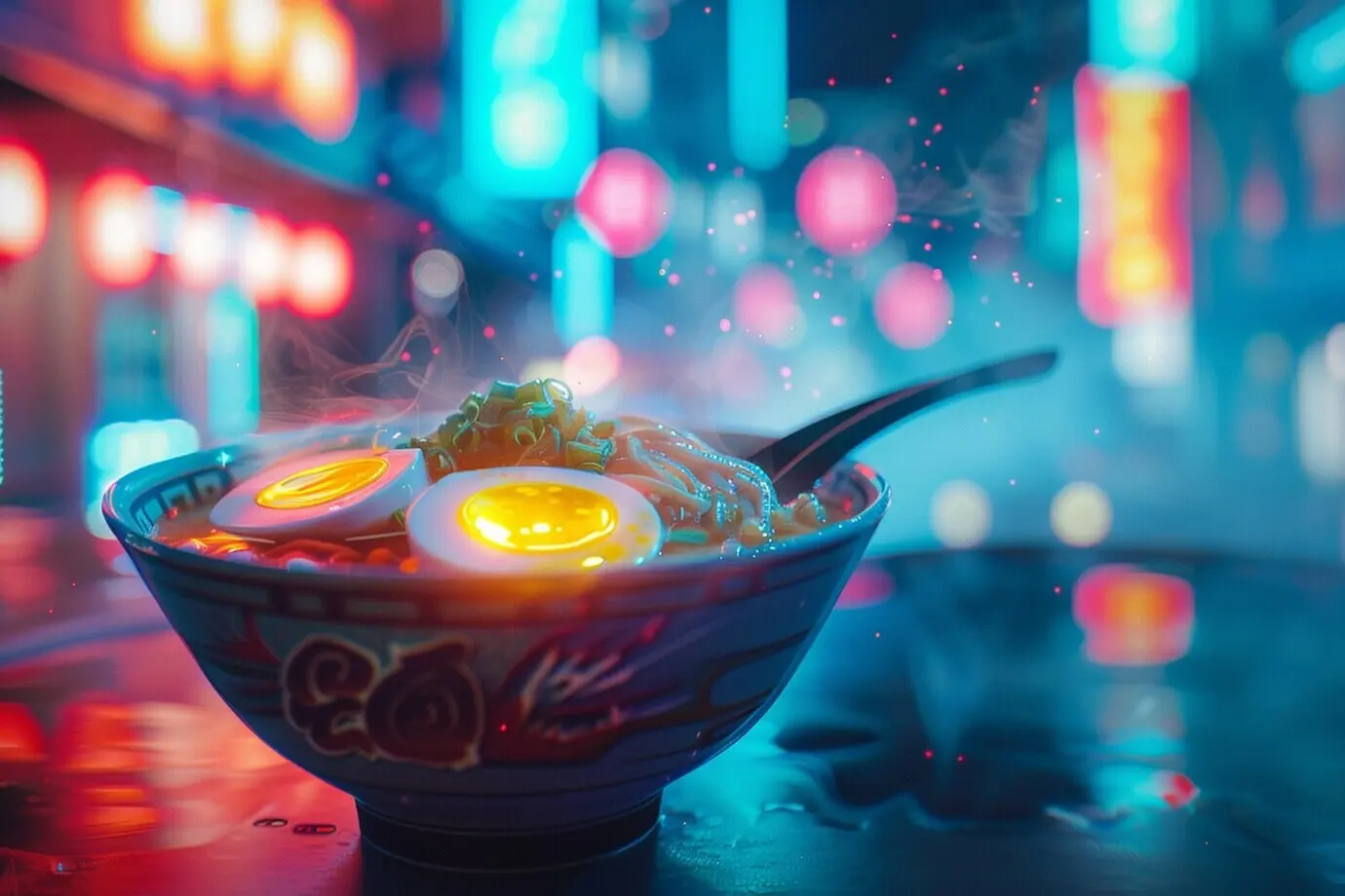 Nahaufnahme von Streetfood im Neonlicht.