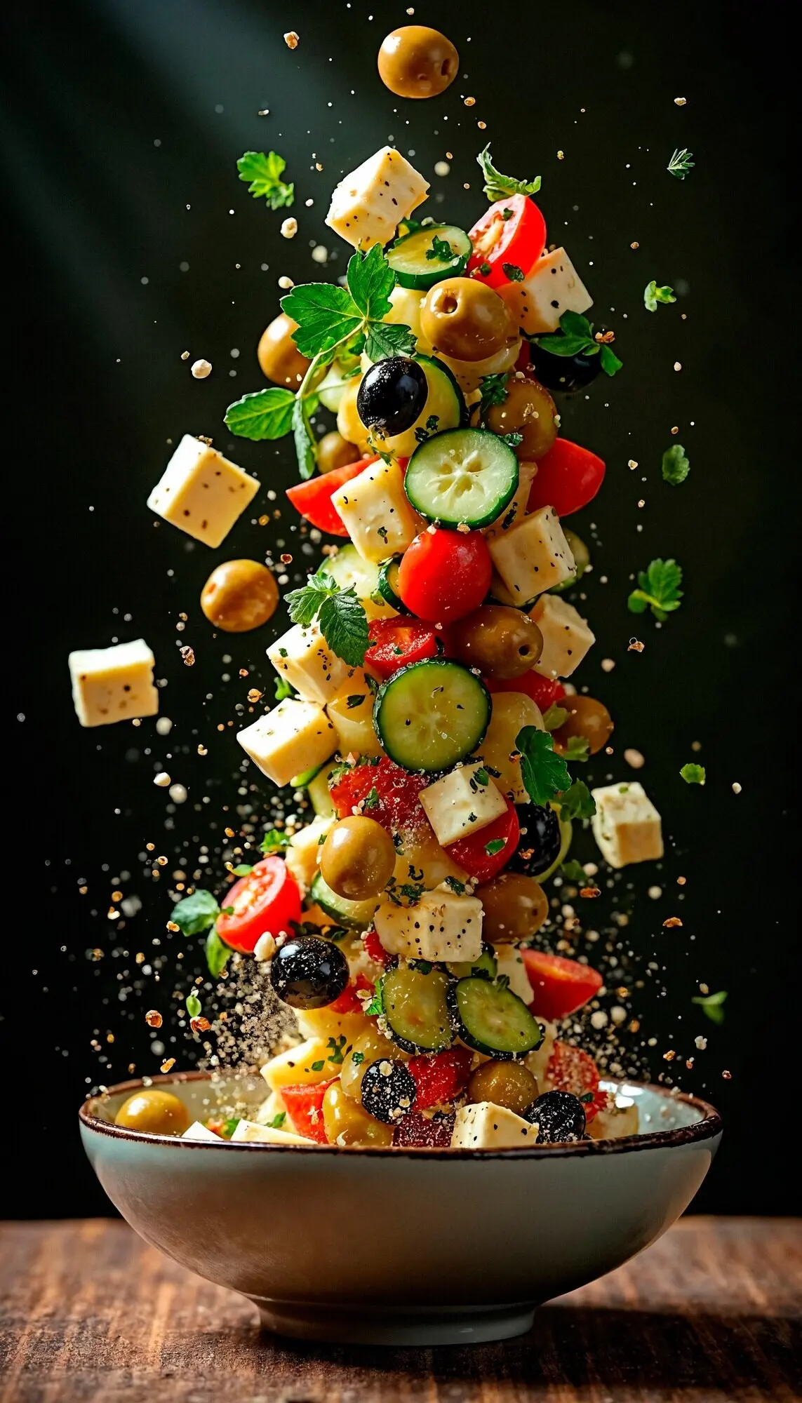 Dynamische Anordnung eines griechischen Salats in der Luft