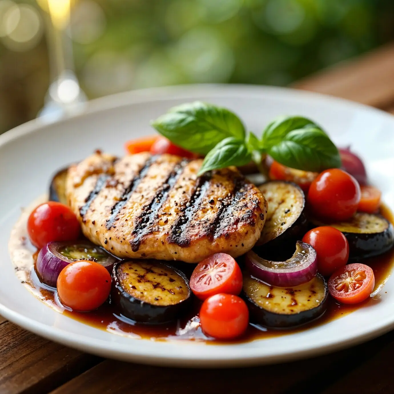 Hähnchen vom Grill mit Aubergine und Kirschtomaten.